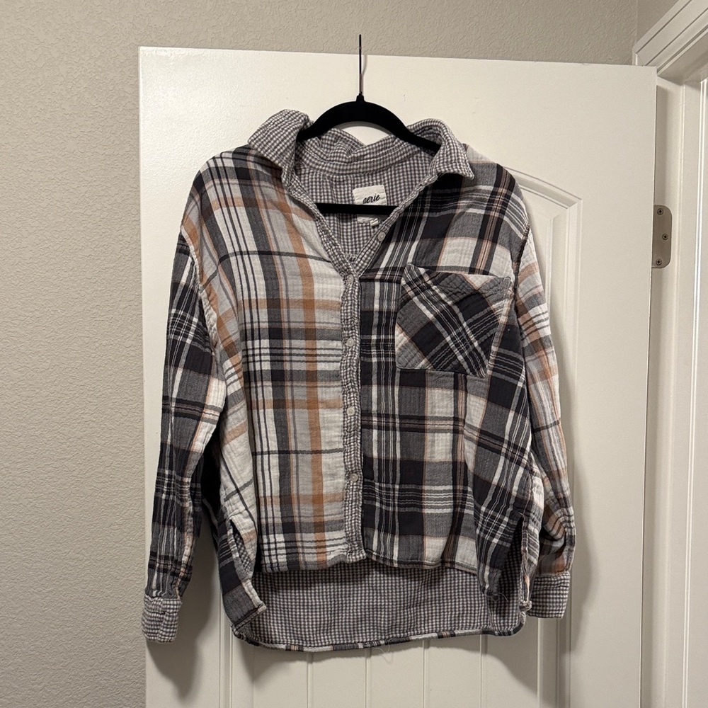 Aerie Plaid Button Down Shirt - Black, White, Tan